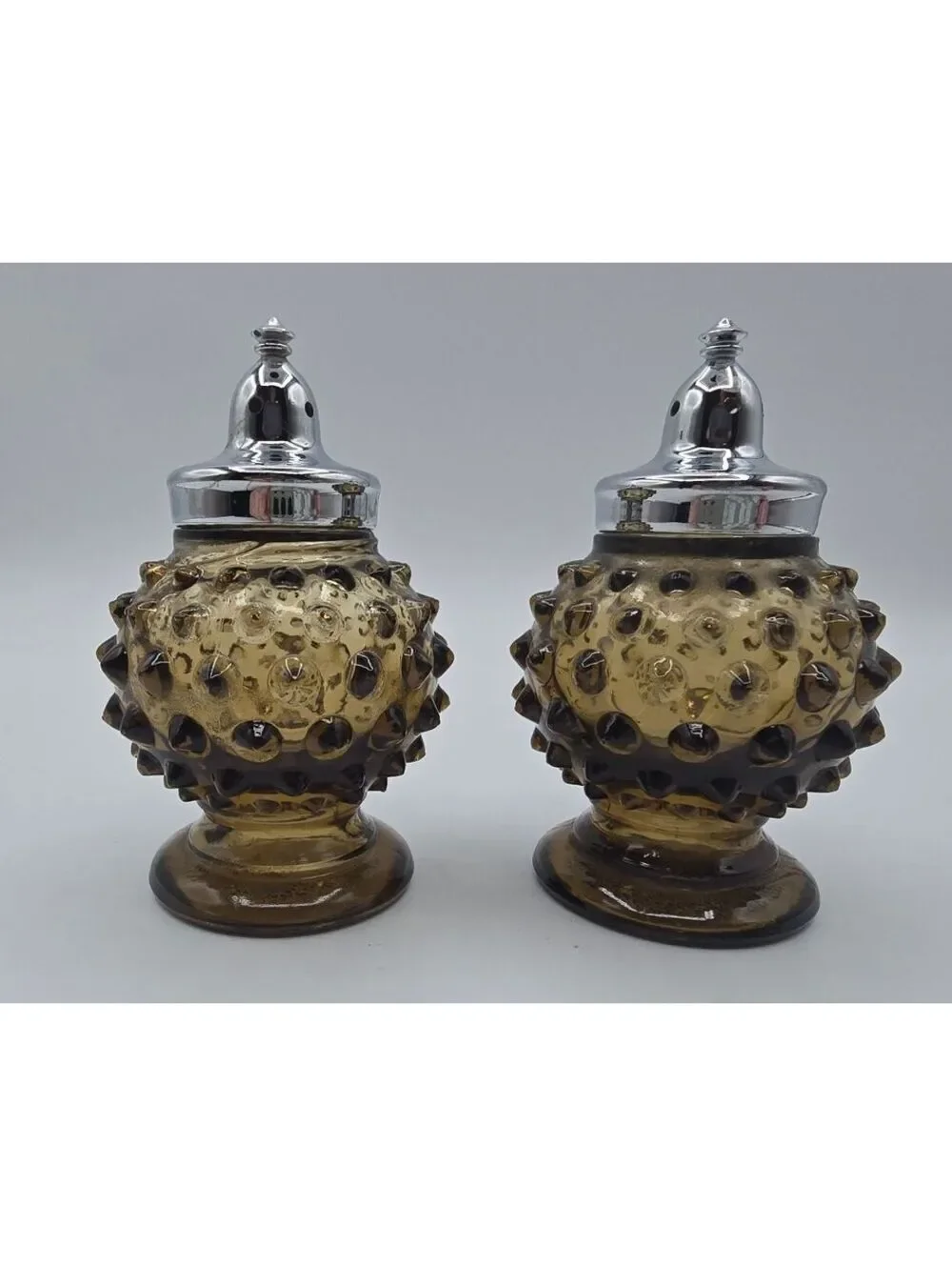 Vintage Imperial Glass Nutmeg Brown Hobnail Salt Pepper Shakers IG Marked
